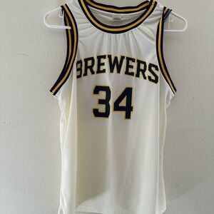 Brewers Baseball #34 White Basketball Jersey with Navy & Gold Trim